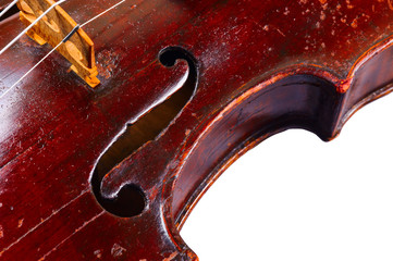 one violin image .old brown stringed wooden instrument close up view