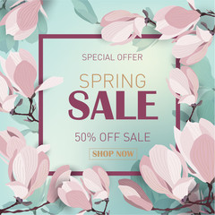 Spring sale background with blooming magnolia. Banner template for promotions, advertising, web sites. Vector illustration.