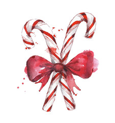 Candy cane with bow tie watercolor painting isolated on white  - 139156650