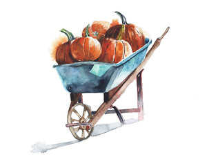 Pumpkins on a wheelbarrow watercolor painting isolated on white - 139156681