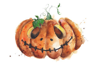 Pumpkin jack-o-lantern watercolor painting isolated on white. Scary greeting card.