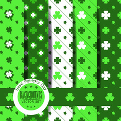 Vector set of seamless pattern with green leaves of clover and lines for Saint Patrick's Day.
