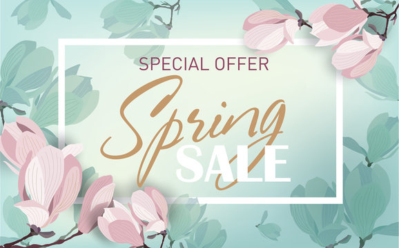 Delicate spring sale background with magnolia flowers. Template for design poster, banner, invitation, voucher. Vector illustration.