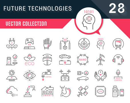 Set Vector Line Flat Icons of Future Technologies.
