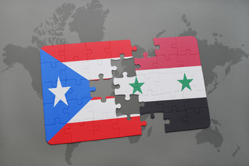 puzzle with the national flag of puerto rico and syria on a world map