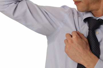 Business man armpit sweating isolated on white background. Transpiration stain. Hyperthyroidism concept