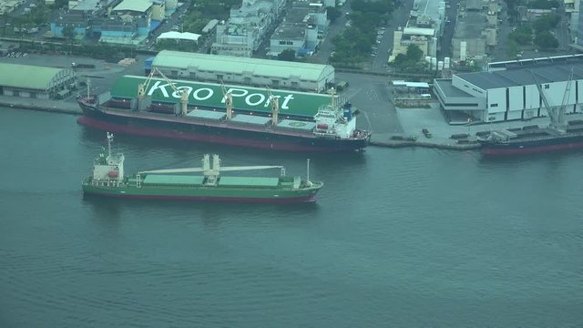 A crane vessel is arriving at the Port of Kaohsiung, the largest harbor in Taiwan. 4K