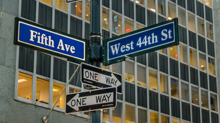 Street sign of Fifth Ave and West 44th St - New York, USA