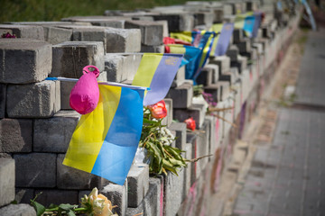 Memorial erected to the people killed by snipers on Heroyiv Nebesnoyi Sotni street during the...