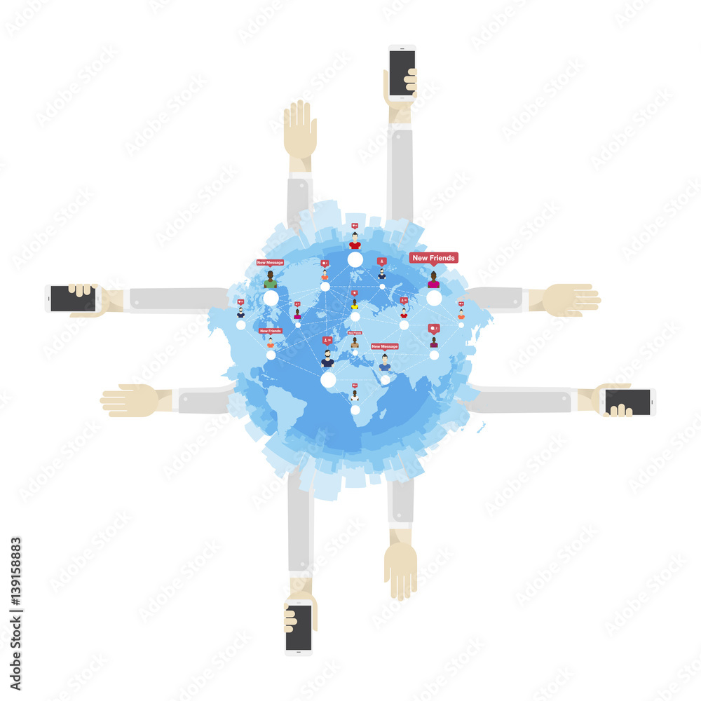 Aufkleber mobile phone in hand. global social network and teamwork. concept on a background map of the world a