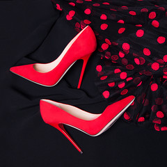 elegant women's shoe on dark red doted background