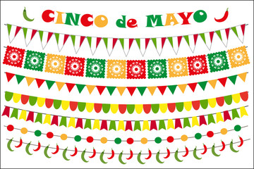 Fototapeta na wymiar Cinco de Mayo celebration set of colored flags, garlands, bunting. Flat style, isolated on white background. Vector illustration, clip art