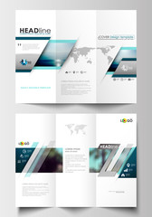 Tri-fold brochure business templates on both sides. Flat design blue color travel decoration layout, easy editable vector template, colorful blurred natural landscape.