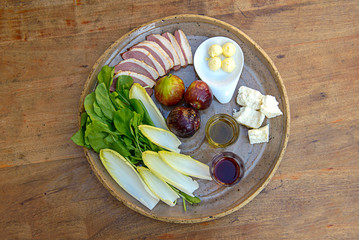 salad ingredients top view on wood table