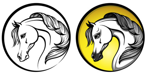 Arabian horse head in a circle - outline and on a yellow background