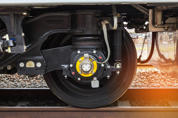 Close up modern wheel train system on track - 139162230