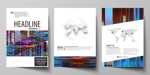 Business templates for brochure, magazine, flyer, annual report. Cover design template, abstract vector layout in A4 size. Glitched background made of colorful pixel mosaic. Trendy glitch backdrop.