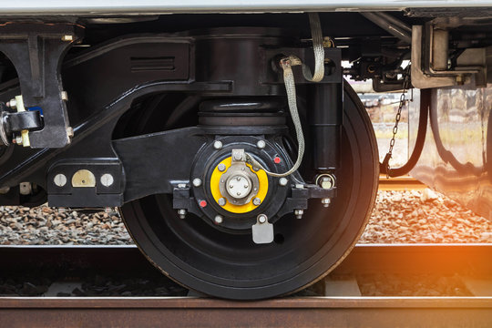 Fototapeta Close up modern wheel train system on track