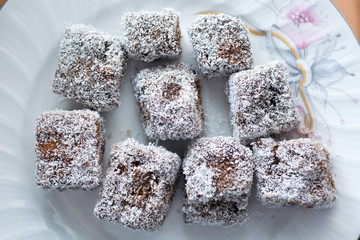 Close up of chocolate cakes with coconut flour