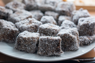 Close up of chocolate cakes with coconut flour