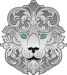 Vector illustration of a silver ornate lion with cyan eyes