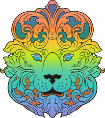 Vector illustration of a rainbow ornate lion with cyan eyes