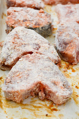 Fish steaks covered with wheat flour and bread crumbs