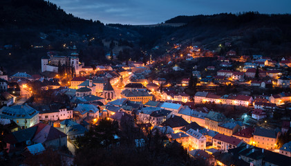 Fototapeta premium Historical medieval mining town Banska Stiavnica at night, Slovakia, Unesco site