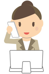 かわいいアップのビジネスウーマン　ベージュのスーツの女性　スマートフォン