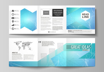 Set of business templates for tri fold square design brochures. Leaflet cover, vector layout. Chemistry pattern, connecting lines and dots, molecule structure, medical DNA research. Medicine concept.