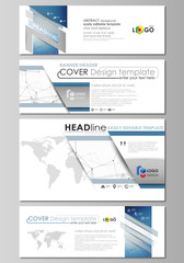 Social media and email headers set, modern banners. Abstract design template, vector layouts in popular sizes. Geometric blue background, molecule structure, science concept. Connected lines and dots.