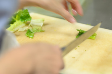 Chef cutting greencos prepare food in restaurant,Hand cutting vegetable fast it's skill