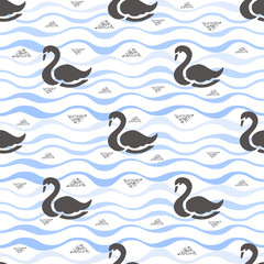 Obraz premium seamless white swan with glitter pattern on blue wave background