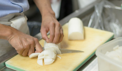 Obraz na płótnie Canvas Chef cutting radish prepare food in restaurant,Hand cutting vegetable fast it's skill