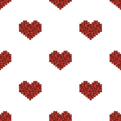 eamless red pixel heart glitter pattern on white background