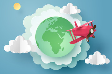 Paper art of red plane flying out from the earth, start up business and travel concept