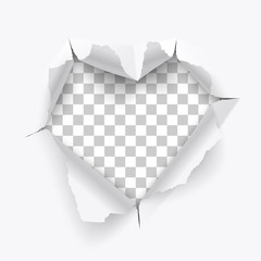 Torn hole and ripped of paper in heart shape on a transparent background, paper art and valentines day concept