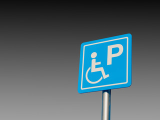 Disabled parking space and wheelchair way sign and symbols on a pole warning motorists isolate on gradient Black and white background