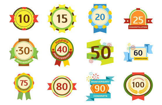 Birthday badge banner design flat set celebration emblem anniversary card date and paper sticker invitation with number day for typography vector illustration symbol.