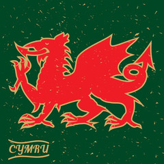 A red Welsh Dragon on a grungy green background with the typography CYMRU meaning Wales
