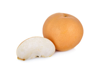 whole and cut snow pear or Fengsui pear on white background