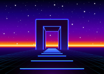 Neon 80s styled massive gate in retro game landscape with shiny road to the future