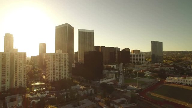 Los Angeles Sunset Skyscrapers Aerial 01 Century City
