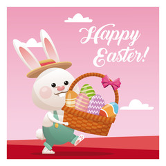 happy easter bunny basket egg pink background vector illustration