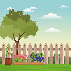 pot plants tree field fence vector illustration eps 10