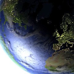 Europe and North America on realistic model of Earth