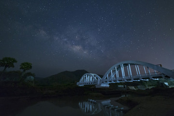 Milky Way and Starry night sky on the white Bridge landscape