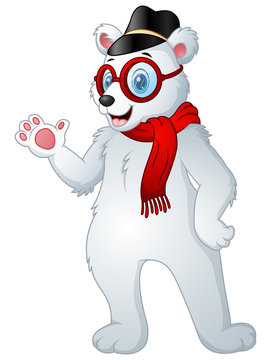Hipster polar bear in scarf with cap and glasses