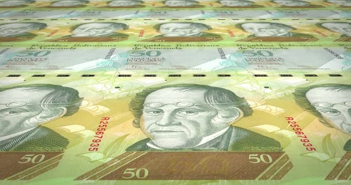Banknotes of fifty Venezuelan bolivars rolling on screen, cash money, loop