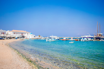 View of the Mykonos town harbor in Mykonos, Cyclades, Greece